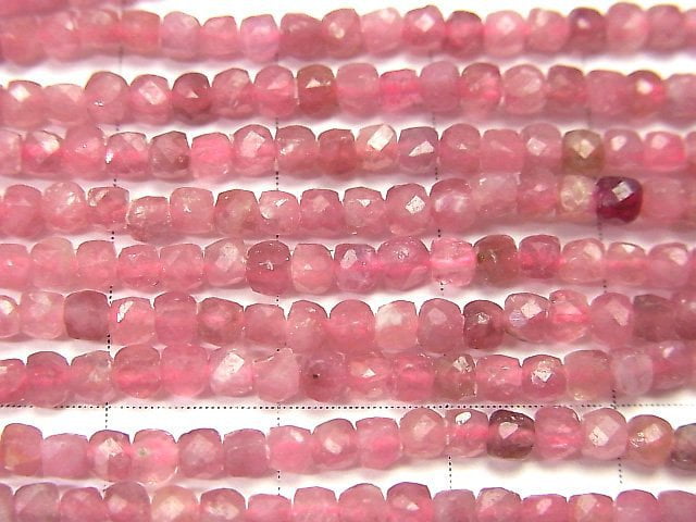 高品質!粉紅色電氣石 AA++ 方塊形 2x2x2mm 1串珠子 (約15英吋/37公分)