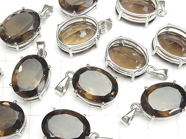 Hochwertiger Rauchquarz AAA Ovaler Facettierter Anhänger 16x12mm Silver925 1Stück