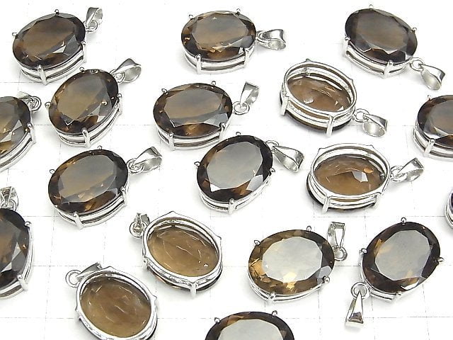 Hochwertiger Rauchquarz AAA Ovaler Facettierter Anhänger 16x12mm Silver925 1Stück