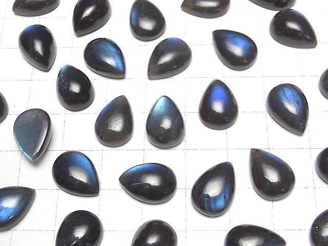 高品質黑色拉長石 AAA- 梨形蛋面切工 14x10mm 2顆