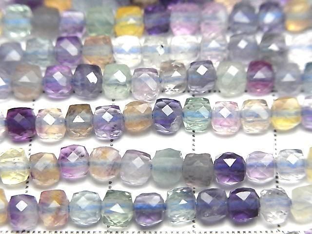 高品質!多色螢石 AA++ 方塊形 4x4x4mm 1串珠子 (約 15 英寸/37 公分)