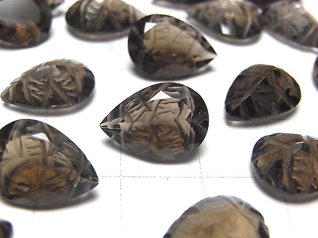 高品質煙晶 AAA 雕刻梨形刻面 14x10mm 2顆