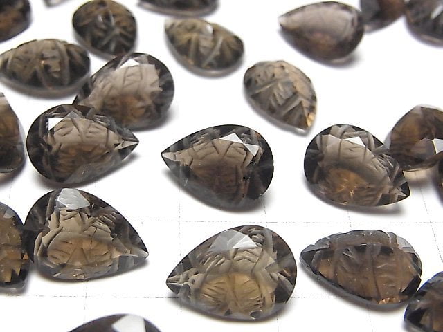 Hochwertiger rauchiger Quarz AAA geschnitzte Tropfenform facettierte 14x10mm 2 Stück
