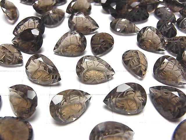 Hochwertiger rauchiger Quarz AAA geschnitzte Tropfenform facettierte 14x10mm 2 Stück