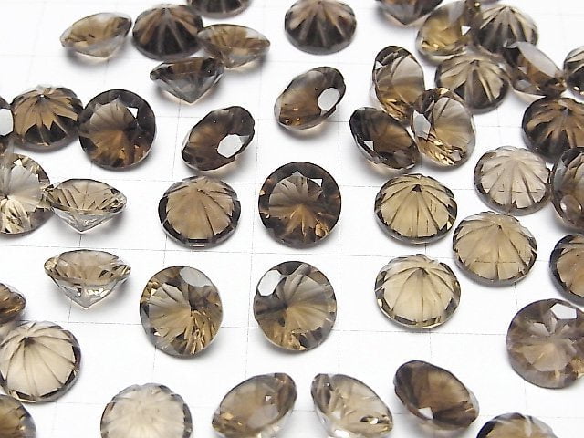 Hochwertiger rauchiger Quarz AAA geschnitzter Rund facettiert 10x10mm 2 Stück