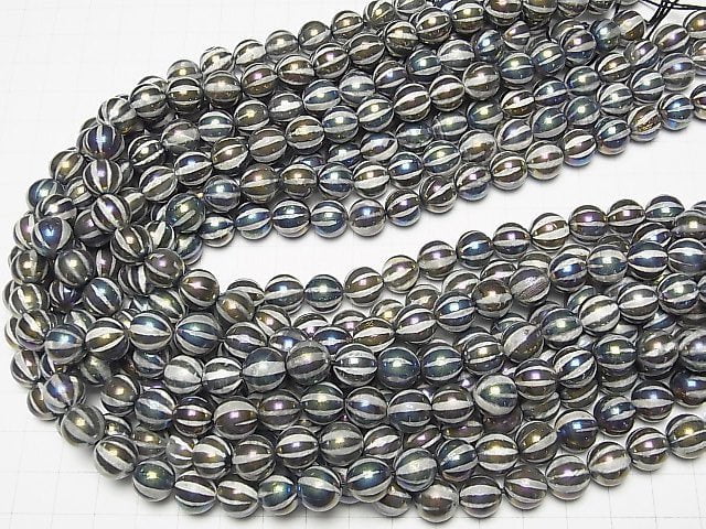 Linien geschnitzte metallische Farb-Agate Rund 10mm AB-Beschichtung 1strang Perlen (ca. 15 Zoll / 36 cm)
