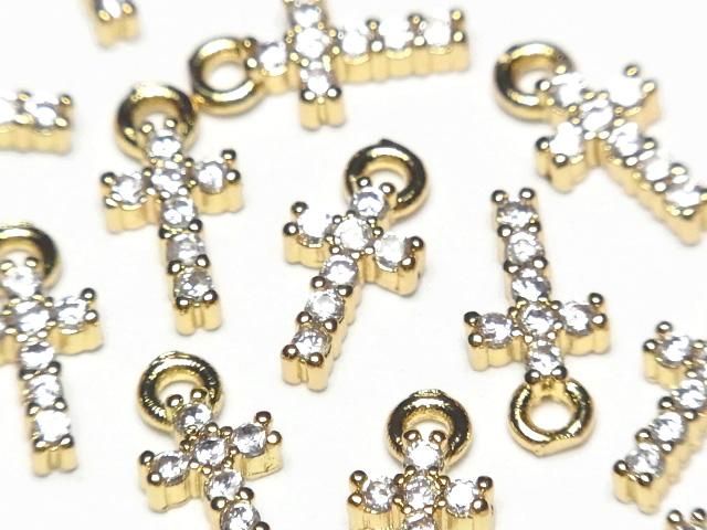 金屬飾品 10x5mm 十字架 金色 (帶水鑽) 2個