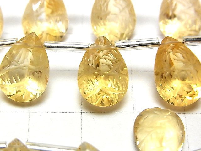 高品質 黃水晶 AAA 雕刻 梨形 刻面 14x10公釐 1串珠子 (6顆)