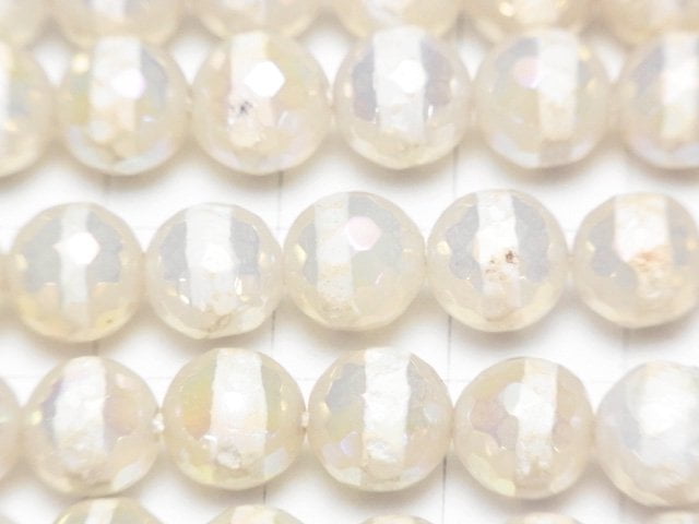 線刻白色瑪瑙刻面圓珠 8mm AB彩塗層 1串珠子 (約14英吋/35公分)