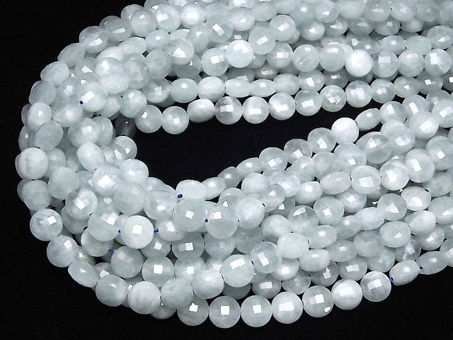High Quality! Aquamarine AA+ Faceted Coin 8x8x5.5mm half or 1strand beads (aprx.15inch/37cm)