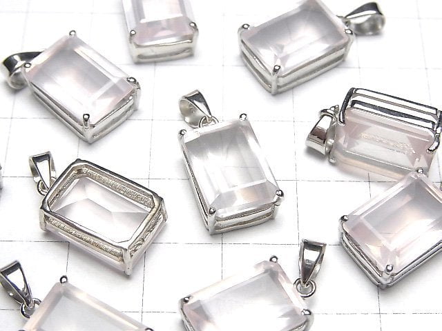 Hochwertiger Rosenquarz AAA Rechteckig Facettierter Anhänger 14x10mm Silber925