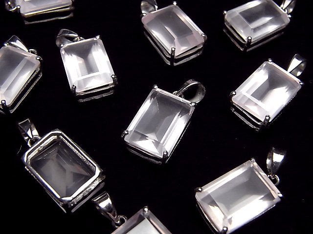 Hochwertiger Rosenquarz AAA Rechteckig Facettierter Anhänger 14x10mm Silber925