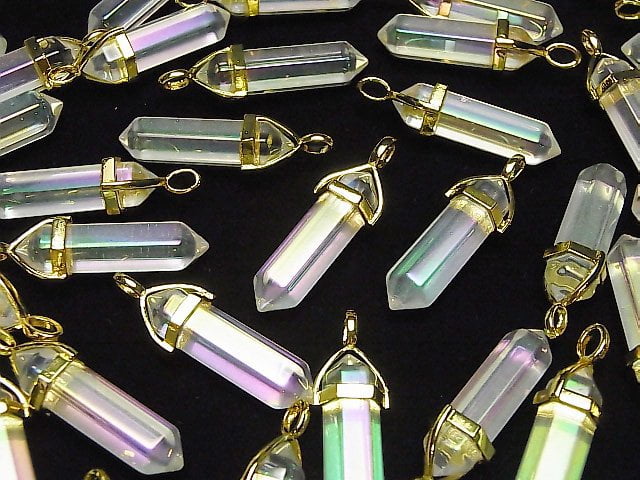 Kristall AA++ Doppelspitzen Anhänger 32x8x8mm Goldfarbe AB Beschichtung 3Stück