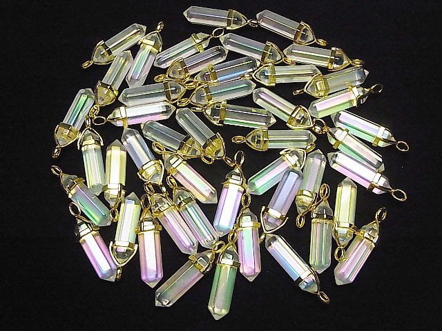 Kristall AA++ Doppelspitzen Anhänger 32x8x8mm Goldfarbe AB Beschichtung 3Stück