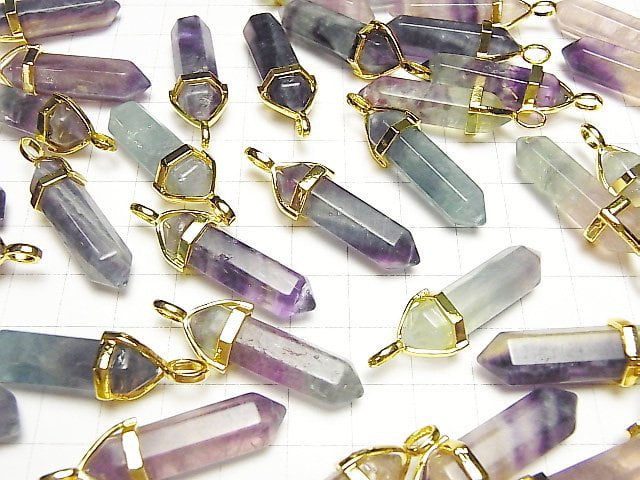 Mehrfarbiger Fluorit AA+ Doppelspitzen Anhänger 32x8x8mm Goldfarbe 3Stück