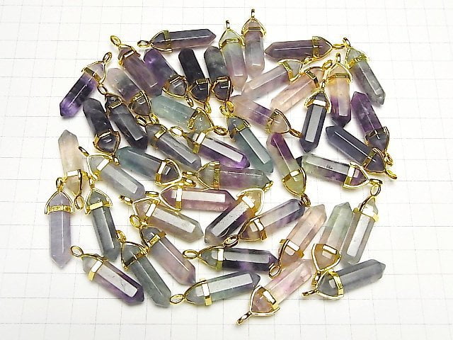 Mehrfarbiger Fluorit AA+ Doppelspitzen Anhänger 32x8x8mm Goldfarbe 3Stück