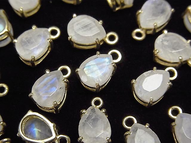 Pierre de lune arc-en-ciel AA++ sertie en forme de poire à facettes 8x6mm 18KGP 2pcs