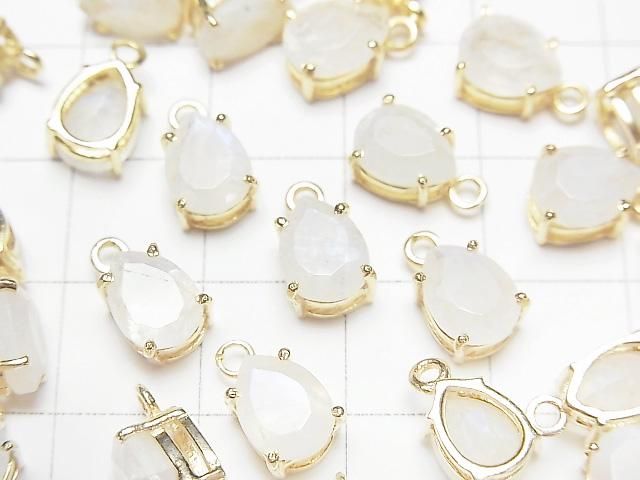 Pierre de lune arc-en-ciel AA++ sertie en forme de poire à facettes 8x6mm 18KGP 2pcs