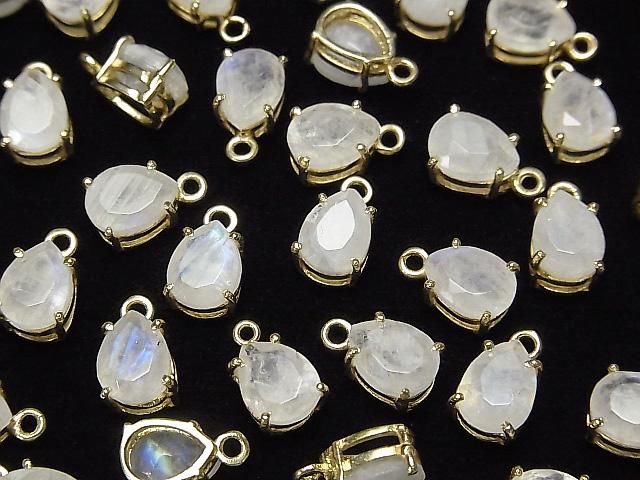 Pierre de lune arc-en-ciel AA++ sertie en forme de poire à facettes 8x6mm 18KGP 2pcs