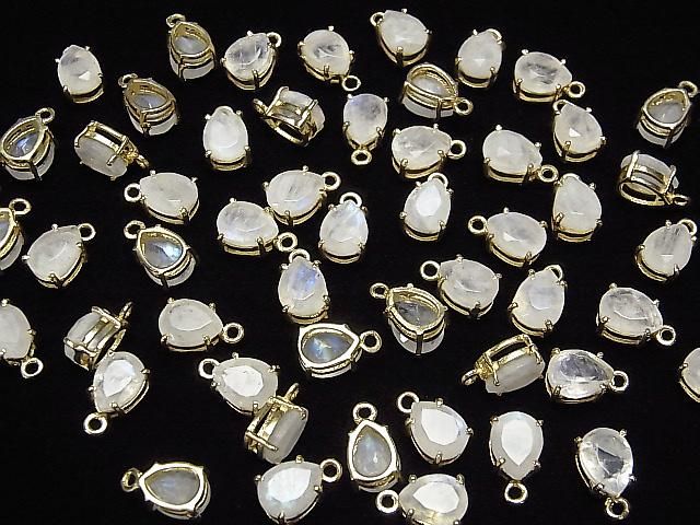 Pierre de lune arc-en-ciel AA++ sertie en forme de poire à facettes 8x6mm 18KGP 2pcs
