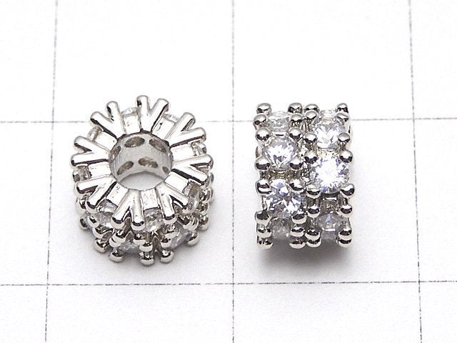Metal Parts Rondelle 7.5x7.5x5mm Silver (with CZ) 2pcs