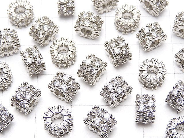 Metal Parts Rondelle 7.5x7.5x5mm Silver (with CZ) 2pcs