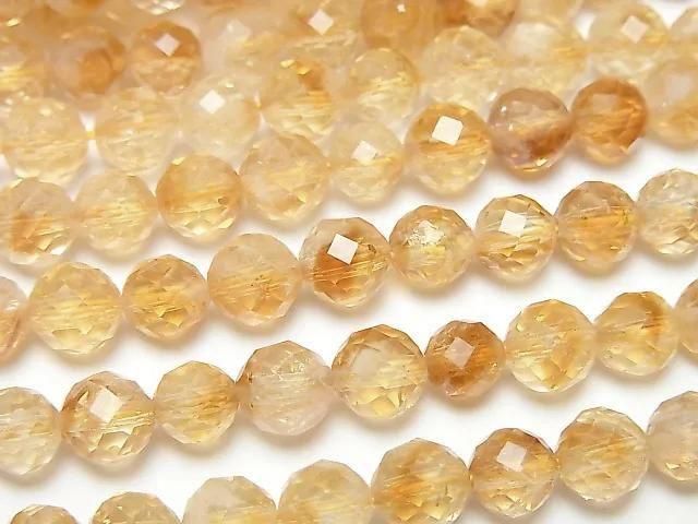 高品質!雙色黃水晶 AA++ 64切面圓珠 6毫米 半串或1串珠子(約15英寸/37厘米)