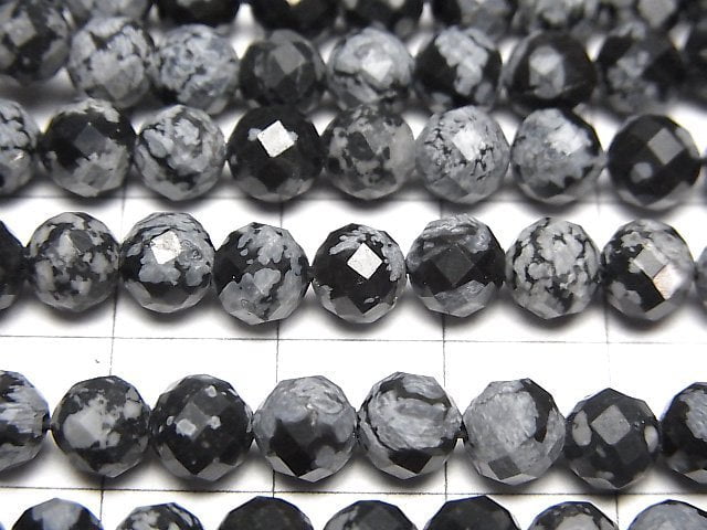 高品質!雪花黑曜石 64刻面圓珠 6mm 1串 (約15英吋/36公分)