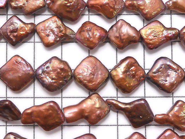 淡水珍珠 AA 級 菱形米型珠 鑽石巴洛克金屬紅 1串珠子 (約15英吋/37公分)