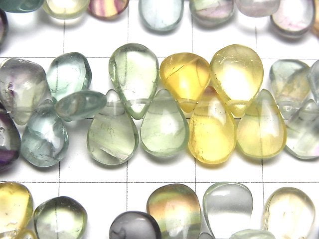 高品質多色螢石 AA++ 梨形 (平滑) 1串珠子 (約7英吋/18公分)