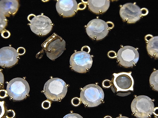 Hochwertiger Regenbogen-Mondstein AA++ Zargenfassung rund facettiert 6x6mm 18KGP 2 Stück