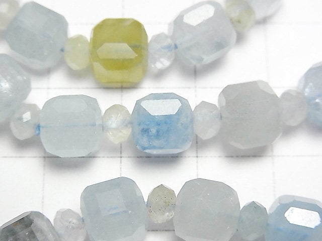 多色海藍寶石 AAA 立方體形 8mm 和刻面鈕扣圓珠 5x5x3mm 手鍊