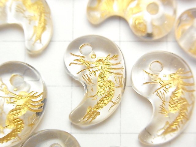 黃金!龍(四大神獸)雕刻!水晶勾玉珠 20x13mm 1顆