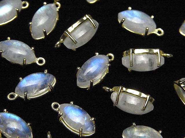 Hochwertiger Regenbogen-Mondstein AAA- Zargenfassung Marquise 12x6mm 18KGP 2 Stück