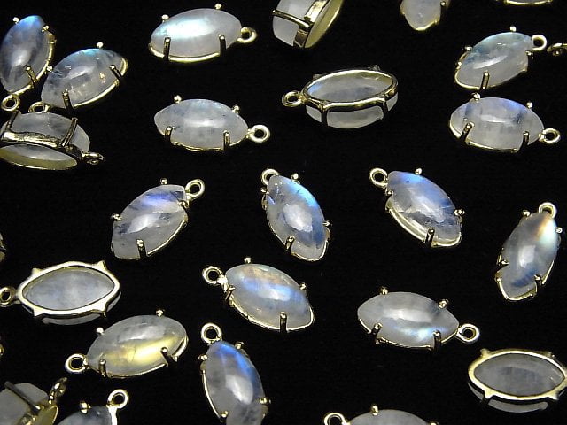 Hochwertiger Regenbogen-Mondstein AAA- Zargenfassung Marquise 12x6mm 18KGP 2 Stück