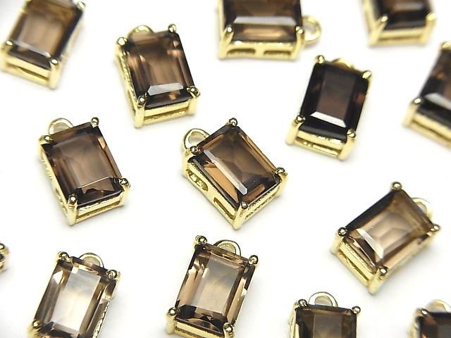 高品質煙晶 AAA 矩形刻面8x6毫米 18KGP 包鑲 2件