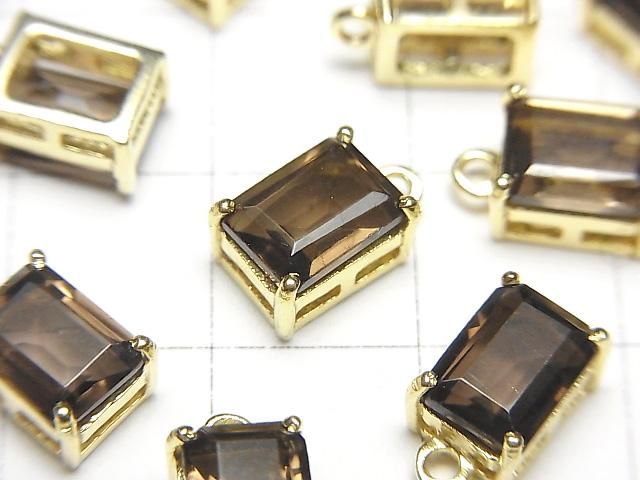 高品質煙晶 AAA 矩形刻面8x6毫米 18KGP 包鑲 2件