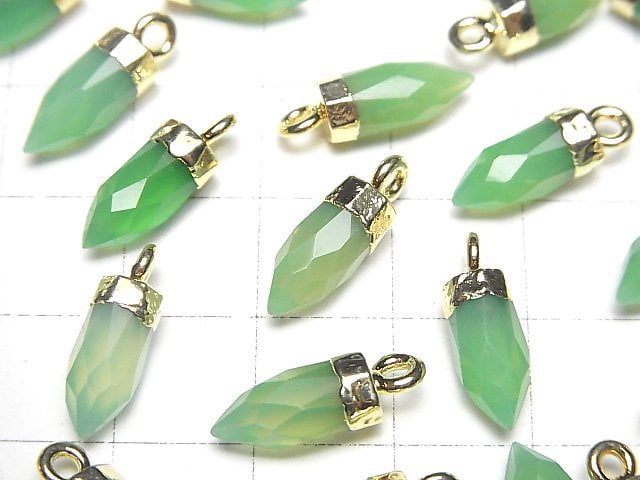 高品質綠色玉髓 AAA 刻面尖頭吊飾 12x5x5mm 金色 2 個