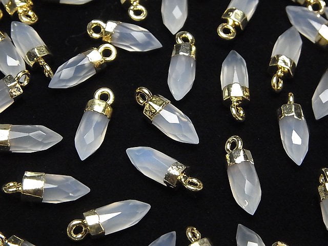 Hochwertiger Weißer Chalcedon AAA- Facettierter Punkt Charm 12x5x5mm Goldfarbe 2Stück