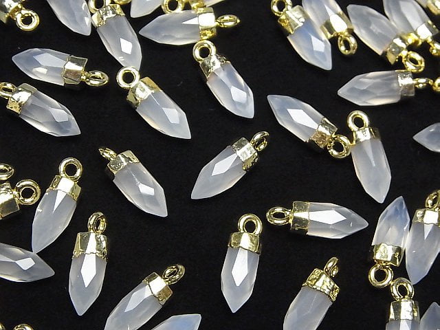Hochwertiger Weißer Chalcedon AAA- Facettierter Punkt Charm 12x5x5mm Goldfarbe 2Stück