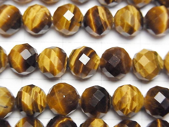 高品質!黃虎眼石 AAA- 64刻面圓珠 8毫米 半串或1串珠子 (約15英吋/36公分)