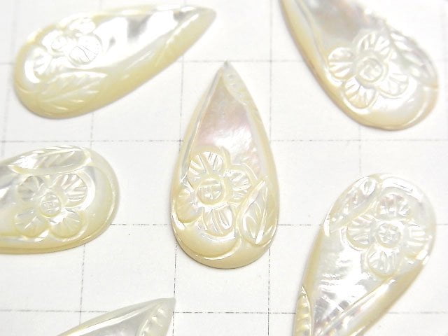 High Quality White Shell Carved Pear shape Cabochon 25x12mm 1pc