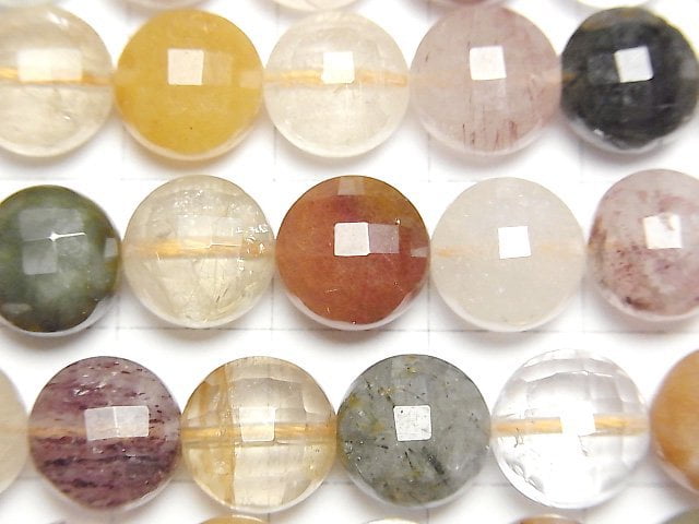 Multi color Rutilated Quartz AA Faceted Coin 10x10x7mm 1strand beads (aprx.15inch/38cm)