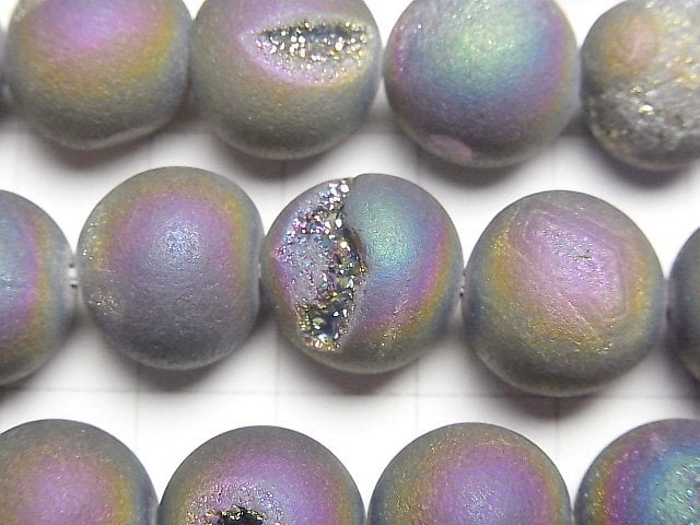 晶簇瑪瑙 圓形 14mm 霧面彩虹 1串珠子 (約15英吋/37公分)
