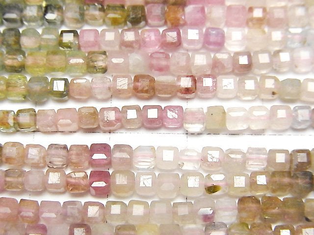 高品質!多色碧璽 AA++ 方塊形 3x3x3mm 1串珠子 (約15英吋/37公分)