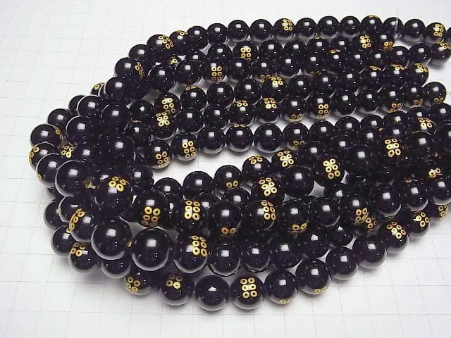 Gold! Yukimura Sanadas Familienwappen (Sanada Rokumonsen) geschnitzt! Onyx AAA Rund 10mm, 12mm 1/4 oder 1Strang