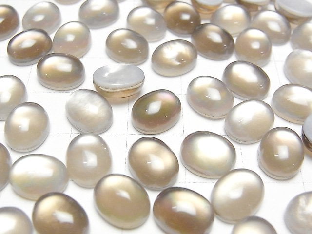 Weisse Muschel x Rauchquarz AAA Ovaler Cabochon 10x8mm 3 Stück