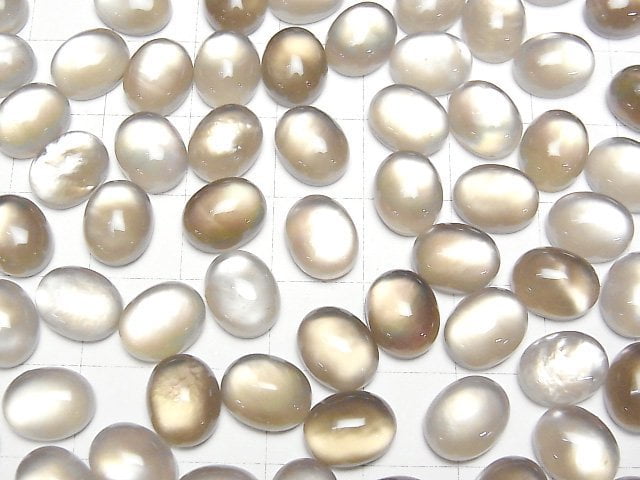 Weisse Muschel x Rauchquarz AAA Ovaler Cabochon 10x8mm 3 Stück