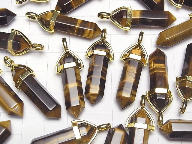 Gelber Tigerauge AAA- Doppelspitzen-Anhänger 32x8x8mm in Goldfarbe 3 Stück