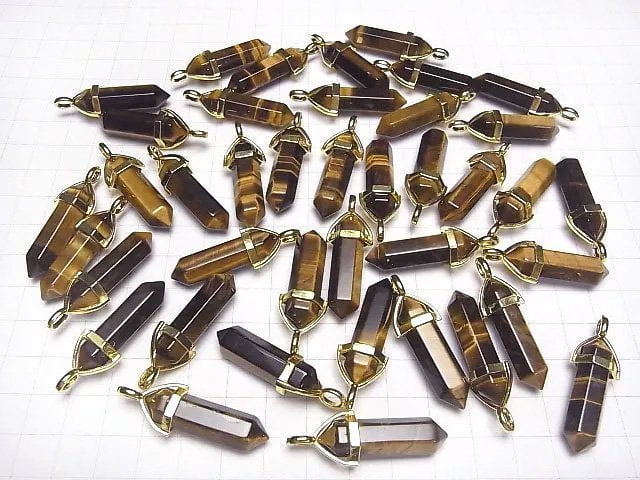 Gelber Tigerauge AAA- Doppelspitzen-Anhänger 32x8x8mm in Goldfarbe 3 Stück